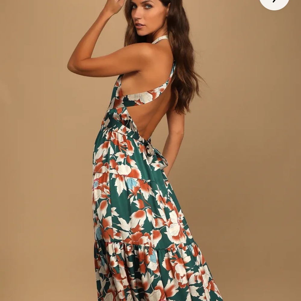 Green Holiday Tropical Floral Print Tie-Back Maxi Dress